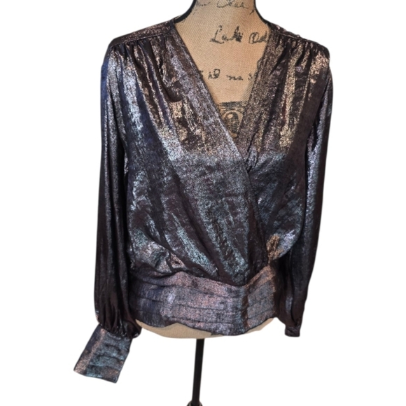 Express Metallic V-Neck Balloon Sleeve Faux Wrap Top Size Large New - Picture 2 of 13